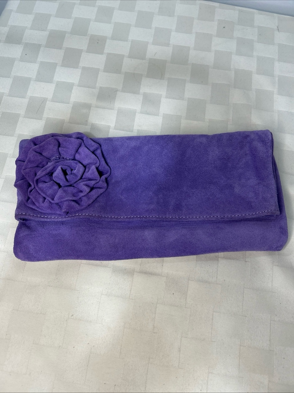Plush Purple Suede Fold-Over Clutch with Rosette Accent and Magnetic Closure